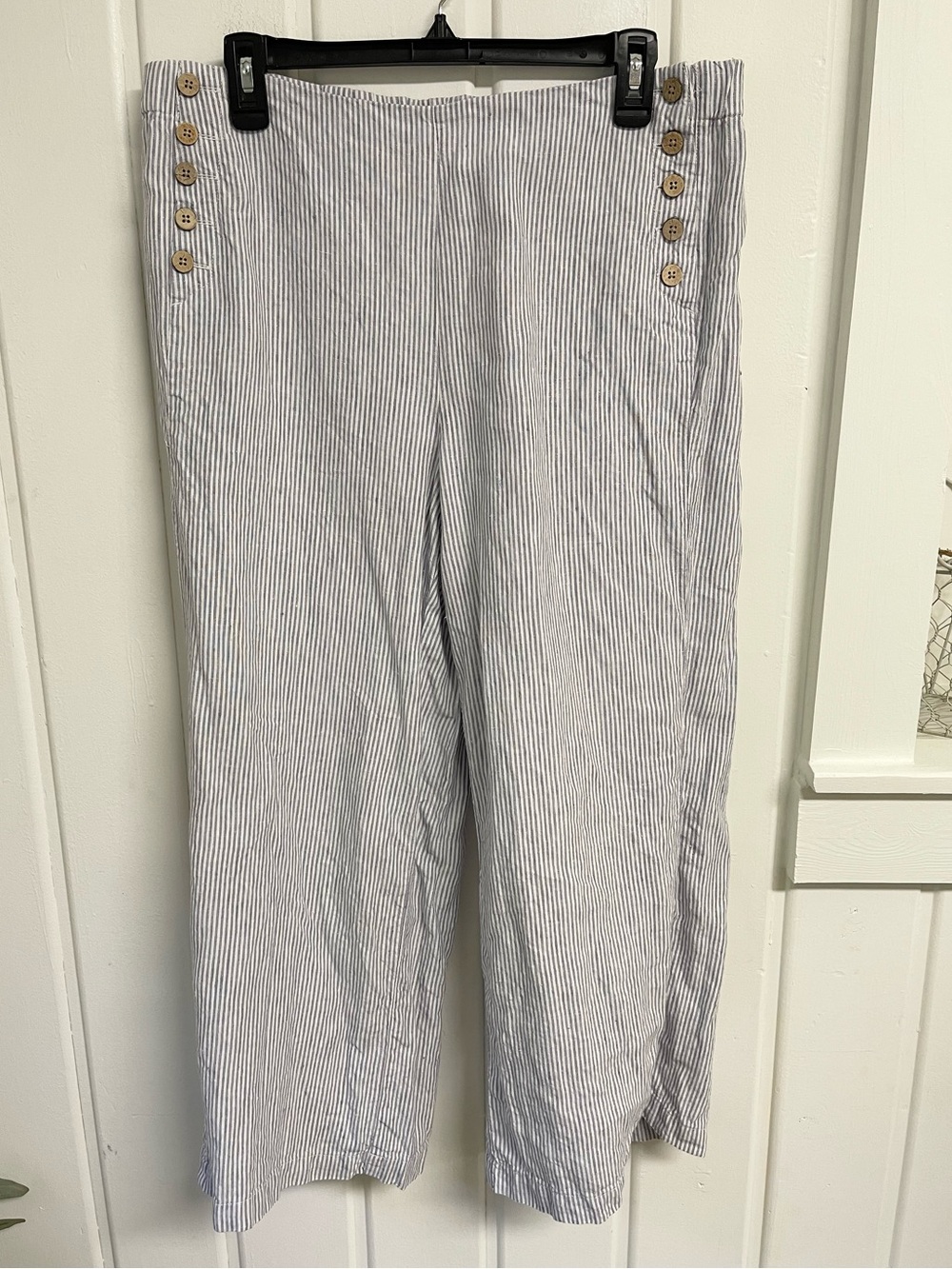 J. Jill Love Linen 100% Linen Blue White Pinstripe Cropped Wide Leg Pants M